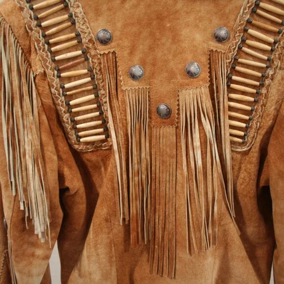 Tribe America Tan Genuine Suede Leather, Fringe along the yoke and sleeves Sz 10 - Picture 12 of 14